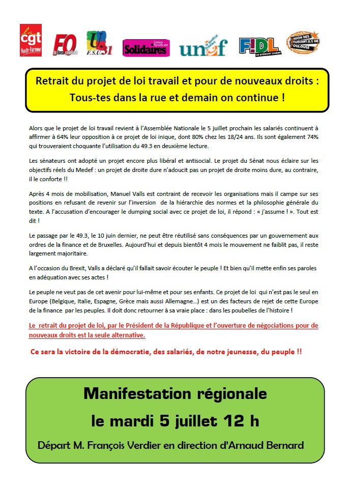 2016 07 04 Retrait projet loi travail