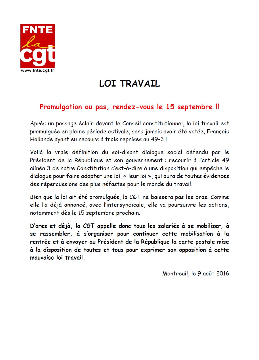 2016 08 30 LOI TRAVAIL fnte promulgation ou pas