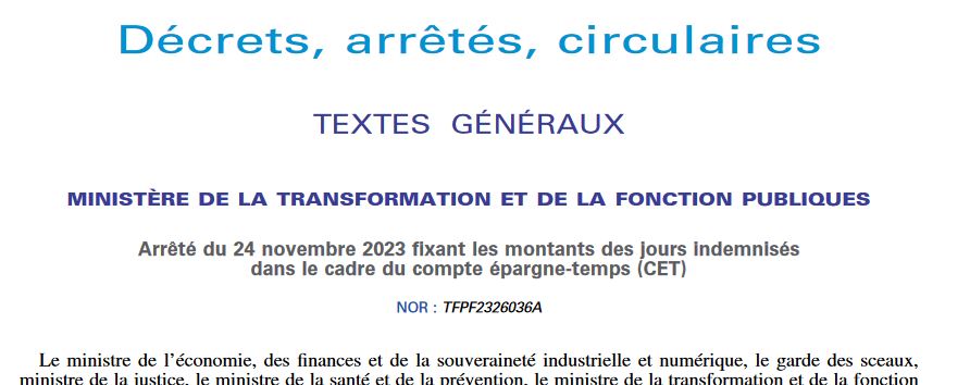 2023 12 01 Arrete 24 11 fixant montants jours indemnises CET