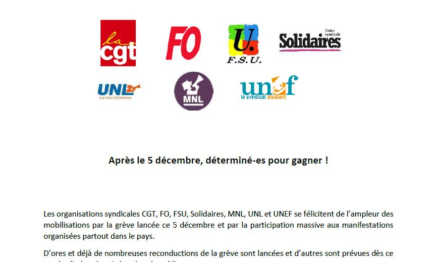 2019 12 06 Communique unitaire suite intersyndicale