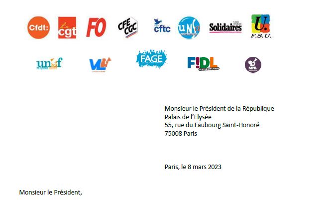 2023 03 10 Courrier intersyndical President Republique